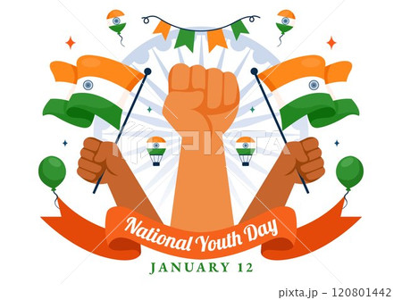 Happy International Youth Day in India Vector Illustration Celebrating 12 January with an Indian Waving Flag in a Flat Style Cartoon Background 120801442