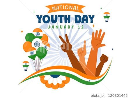 Happy International Youth Day in India Vector Illustration Celebrating 12 January with an Indian Waving Flag in a Flat Style Cartoon Background 120801443