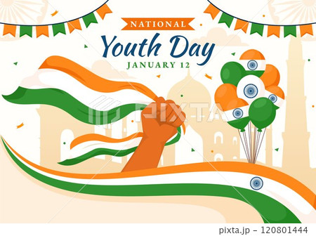 Happy International Youth Day in India Vector Illustration Celebrating 12 January with an Indian Waving Flag in a Flat Style Cartoon Background 120801444