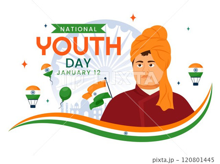 Happy International Youth Day in India Vector Illustration Celebrating 12 January with an Indian Waving Flag in a Flat Style Cartoon Background 120801445
