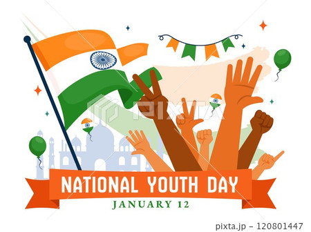 Happy International Youth Day in India Vector Illustration Celebrating 12 January with an Indian Waving Flag in a Flat Style Cartoon Background 120801447