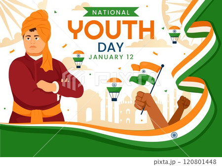 Happy International Youth Day in India Vector Illustration Celebrating 12 January with an Indian Waving Flag in a Flat Style Cartoon Background 120801448