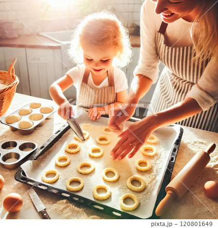 A joyful mother and daughter bake doughnuts together, piping dough onto a tray. The soft sunlight streaming through the kitchen window creates a warm, golden atmosphere, with flour and baking tools 120801649