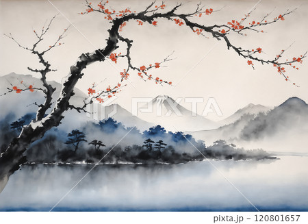 葉が赤く色づいた木の向こうには大きな池がありその畔には木々が生い茂り遠くには山々「AI生成画像」 120801657