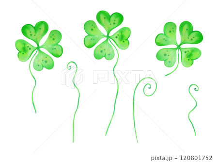 Set of quatrefoil clovers for good luck on St. Patrick's Day. Watercolor and marker illustrations. Hand drawn isolated sketch. Clipart of botanical spring petal for the holiday, lucky clover talisman. Set of quatrefoil clovers for good luck on St. Patrick's Day. Watercolor and marker illustrations. Hand drawn isolated sketch. Clipart of botanical spring petal for the holiday, lucky clover talisman. 120801752