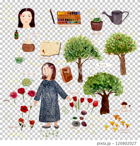A girl favorite things: a book, essential oil diffuser, a tea, trees, flowers, mushrooms and a diary composition set. Isolated on white. Watercolor sketch illustrations great for tote bag, poster 120802027