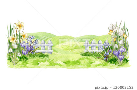 Spring landscape with green grass, blooming flowers and rolling hills. Hand painted watercolor illustration. Ideal for Easter background decor, seasonal cards and nature-themed countryside design Spring landscape with green grass, blooming flowers and rolling hills. Hand painted watercolor illustration. Ideal for Easter background decor, seasonal cards and nature-themed countryside design 120802152