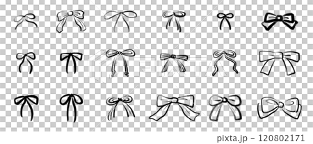 手繪插圖集蝴蝶結緞帶。各種形狀的絲帶或領結。手繪孤立在白色背景上 120802171