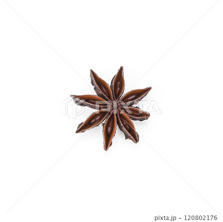 A single, dried star anise pod with eight points and visible seeds, isolated on a white background. 120802176