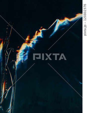 Glitch overlay. Screen distortion. Creased film texture. Blue orange color glitch light flares dust scratches wrinkled rough filter dark black illustration art abstract background. Glitch overlay. Screen distortion. Creased film texture. Blue orange color glitch light flares dust scratches wrinkled rough filter dark black illustration art abstract background. 120802376