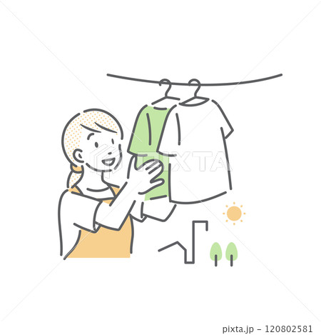洗濯物を干す若い女性　シンプルでお洒落な線画イラスト 120802581