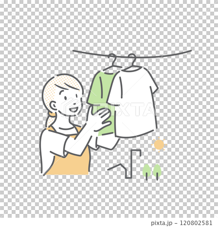 洗濯物を干す若い女性　シンプルでお洒落な線画イラスト 120802581