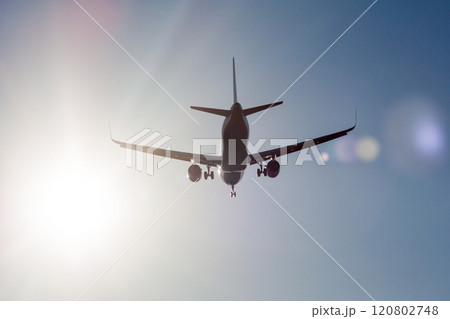 Landing airplane in backlight Landing airplane in backlight 120802748