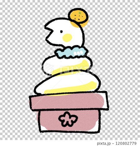 白色のヘビがみかんを頭に乗せて鏡餅の真似をしているイラスト素材 120802779
