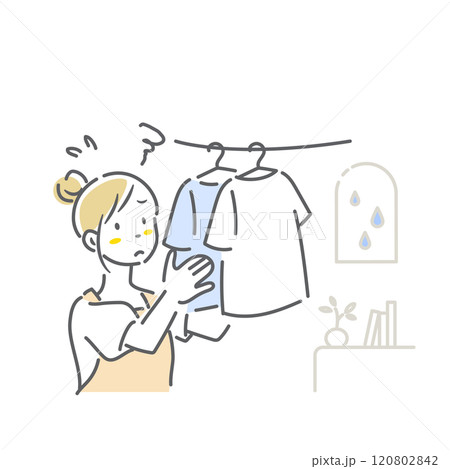 洗濯物の部屋干しに不満な若い女性　シンプルでお洒落な線画イラスト 120802842