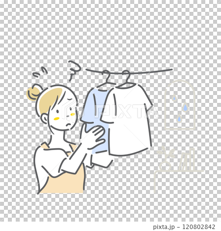 A young woman dissatisfied with drying laundry indoors. Simple and stylish line drawing illustration A young woman dissatisfied with drying laundry indoors. Simple and stylish line drawing illustration 120802842