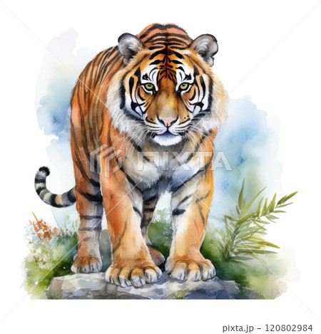 岩の上にたたずむ虎の水彩イラスト2／チラシやポスター用素材の