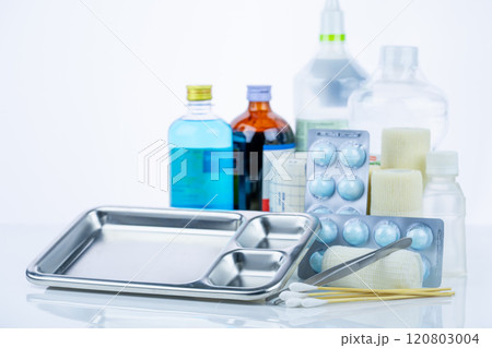 Medical equipment for treating infections. Wound care dressing set. Medical supplies for nurses. Conform bandage, forceps, cotton stick, alcohol. Sterile dressing materials. Healthcare equipment. Medical equipment for treating infections. Wound care dressing set. Medical supplies for nurses. Conform bandage, forceps, cotton stick, alcohol. Sterile dressing materials. Healthcare equipment. 120803004