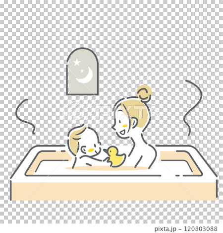 A young mother taking a bath with her baby. Simple and stylish line drawing illustration A young mother taking a bath with her baby. Simple and stylish line drawing illustration 120803088