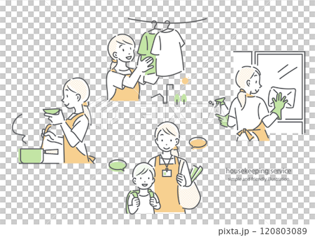 Female visiting helper job set: Simple and stylish line drawing illustrations 120803089