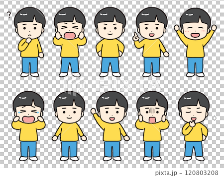 一組穿著黃色衣服的男孩的各種表情和姿勢 120803208