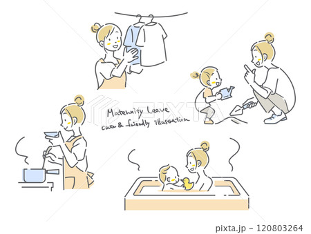 若いお母さんの家事・育児セット シンプルでお洒落な線画イラスト 若いお母さんの家事・育児セット シンプルでお洒落な線画イラスト 120803264