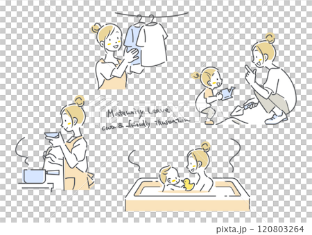若いお母さんの家事・育児セット シンプルでお洒落な線画イラスト 若いお母さんの家事・育児セット シンプルでお洒落な線画イラスト 120803264