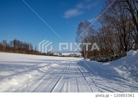 郊外の雪道と青空 120803361