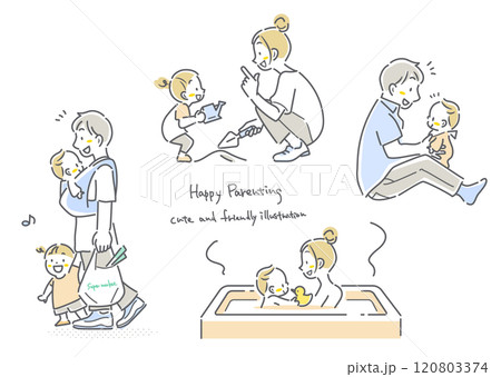 若い夫婦の子育てセット シンプルでお洒落な線画イラスト 若い夫婦の子育てセット シンプルでお洒落な線画イラスト 120803374