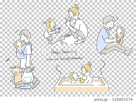 若い夫婦の子育てセット シンプルでお洒落な線画イラスト 若い夫婦の子育てセット シンプルでお洒落な線画イラスト 120803374