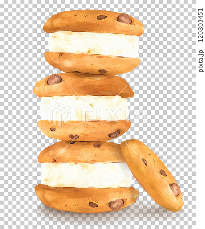 3つ積まれたクッキークリームサンドの手描きイラスト 120803451