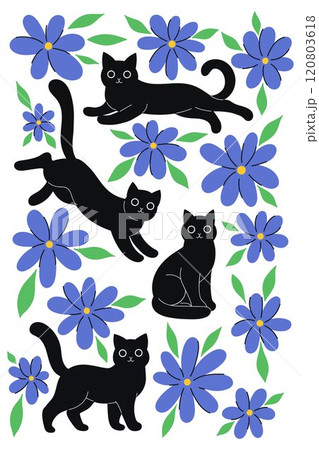 Postcard or poster with black cats and blue flowers. Vector graphics. Postcard or poster with black cats and blue flowers. Vector graphics. 120803618