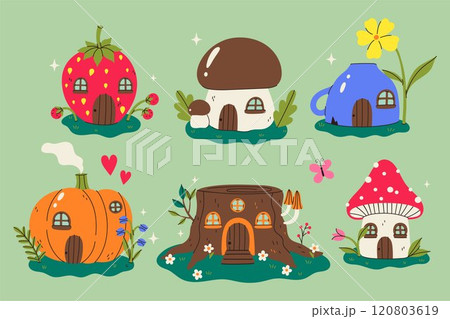 Set of fairy houses strawberry, pumpkin, mushroom, fly agaric, mug, stump. Vector graphics. Set of fairy houses strawberry, pumpkin, mushroom, fly agaric, mug, stump. Vector graphics. 120803619
