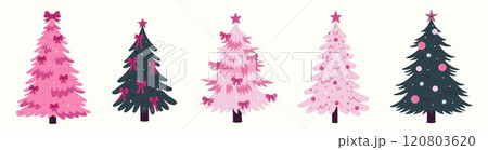 Collection of green and pink Christmas trees decorated with balls and bows. Vector graphics. 120803620