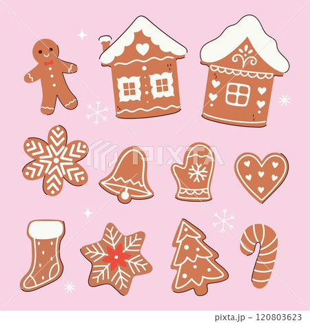 Set of Christmas gingerbread cookies of different shapes. Vector graphics. 120803623