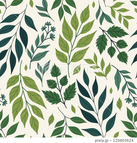 Seamless pattern with green leaves of different shapes on a white background. Vector graphics. 120803624