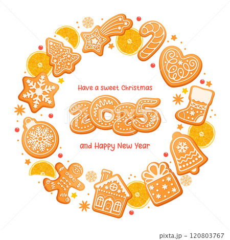 Merry Christmas Greeting Card With Gingerbread Cookies 120803767