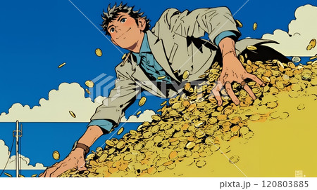 マネーゲームの勝者：金貨の山の登頂に挑み成功した姿で表現