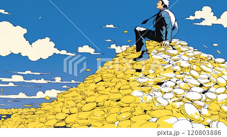 マネーゲームの勝者：金貨の山の登頂に挑み成功した姿で表現
