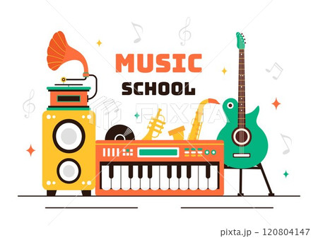 Music School Illustration Featuring Various Musical Instruments, Learning Music Education, and Performing as Musicians and Singers in a Background Music School Illustration Featuring Various Musical Instruments, Learning Music Education, and Performing as Musicians and Singers in a Background 120804147