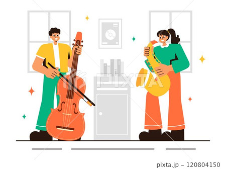 Music School Illustration Featuring Various Musical Instruments, Learning Music Education, and Performing as Musicians and Singers in a Background 120804150