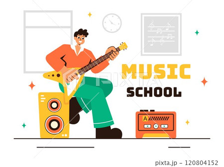 Music School Illustration Featuring Various Musical Instruments, Learning Music Education, and Performing as Musicians and Singers in a Background Music School Illustration Featuring Various Musical Instruments, Learning Music Education, and Performing as Musicians and Singers in a Background 120804152