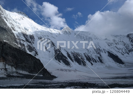 Tranquil Lake With Lush Green Forest, Snow-Capped Mountain, Blue Sky And White Clouds Tranquil Lake With Lush Green Forest, Snow-Capped Mountain, Blue Sky And White Clouds 120804449