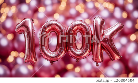100k Number Balloons with Colorful Confetti Background . 120804504