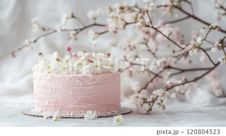 Pink layered cake with floral decorations on pastel background 120804523