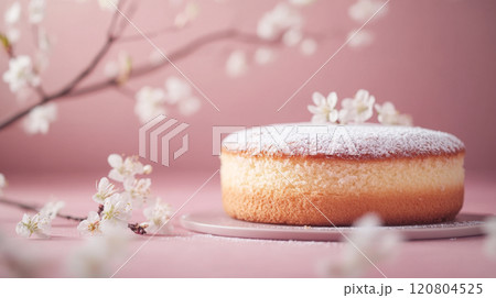 Bundt cake with delicate floral decoration on soft pink background 120804525