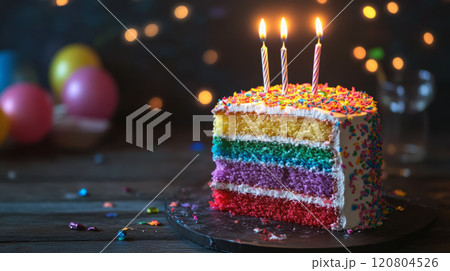 Vibrant rainbow cake slice with sprinkles and lit candles 120804526