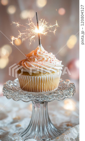 Festive Cupcake with Sparkler on a Glass Stand 120804527