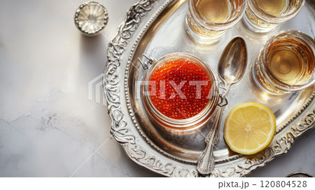 Red Caviar with Lemon Slices and Crystal Glass on Silver Plate 120804528
