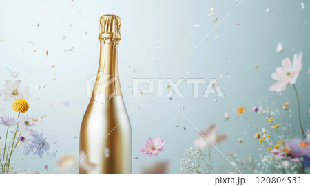 Festive champagne bottle surrounded by flying confetti and petals 120804531